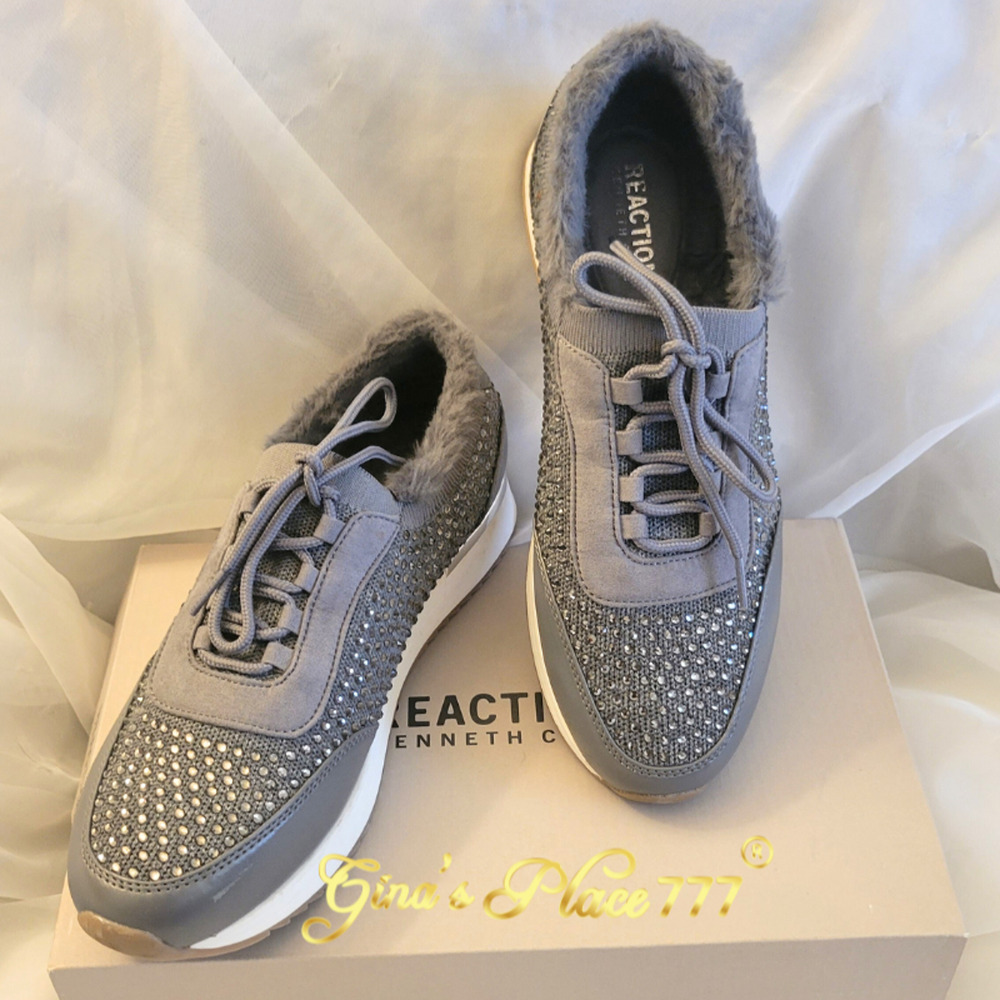 Kenneth Cole Reaction Cari Cozy Faux Fur Jewel Jogger Sneaker Gray Size 9 - Picture 4 of 15